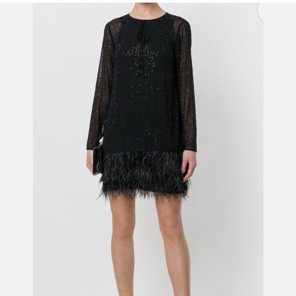 Michael Kors Black Beaded Sheer Sleeve Feather-Hem Mini Dress
